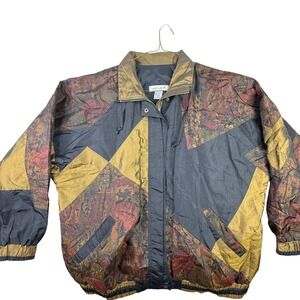 Lady Lavon Vintage 90s Colorblock Floral Windbreaker Jacket Gold Black 1X